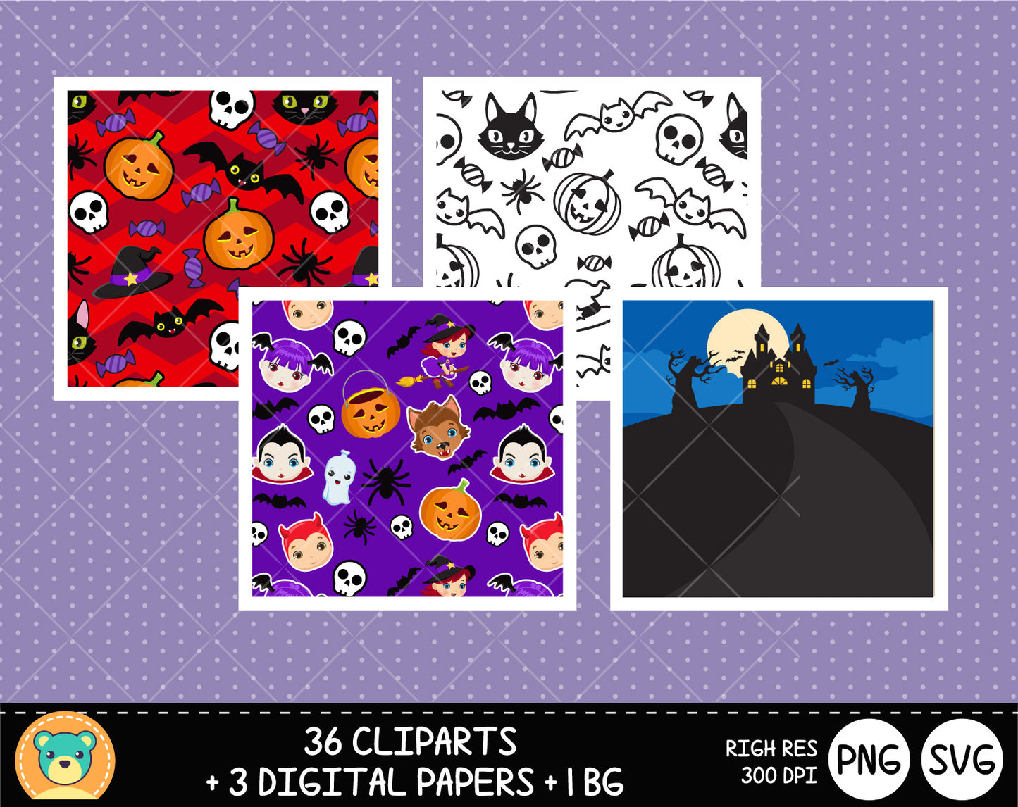 Cute Halloween clipart set, Digital clip art for decoration, scrapbooking, PNG, SVG, instant download