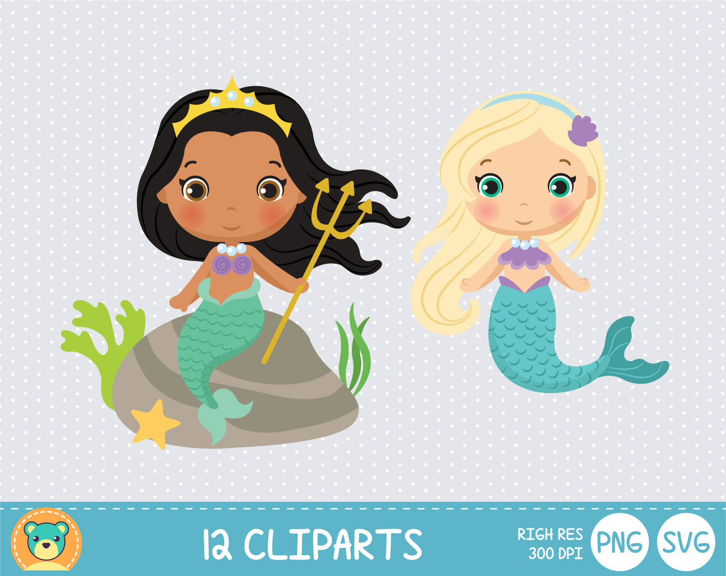 Cute Mermaids clipart set, Digital clip art for decoration, scrapbooking, PNG, SVG, instant download