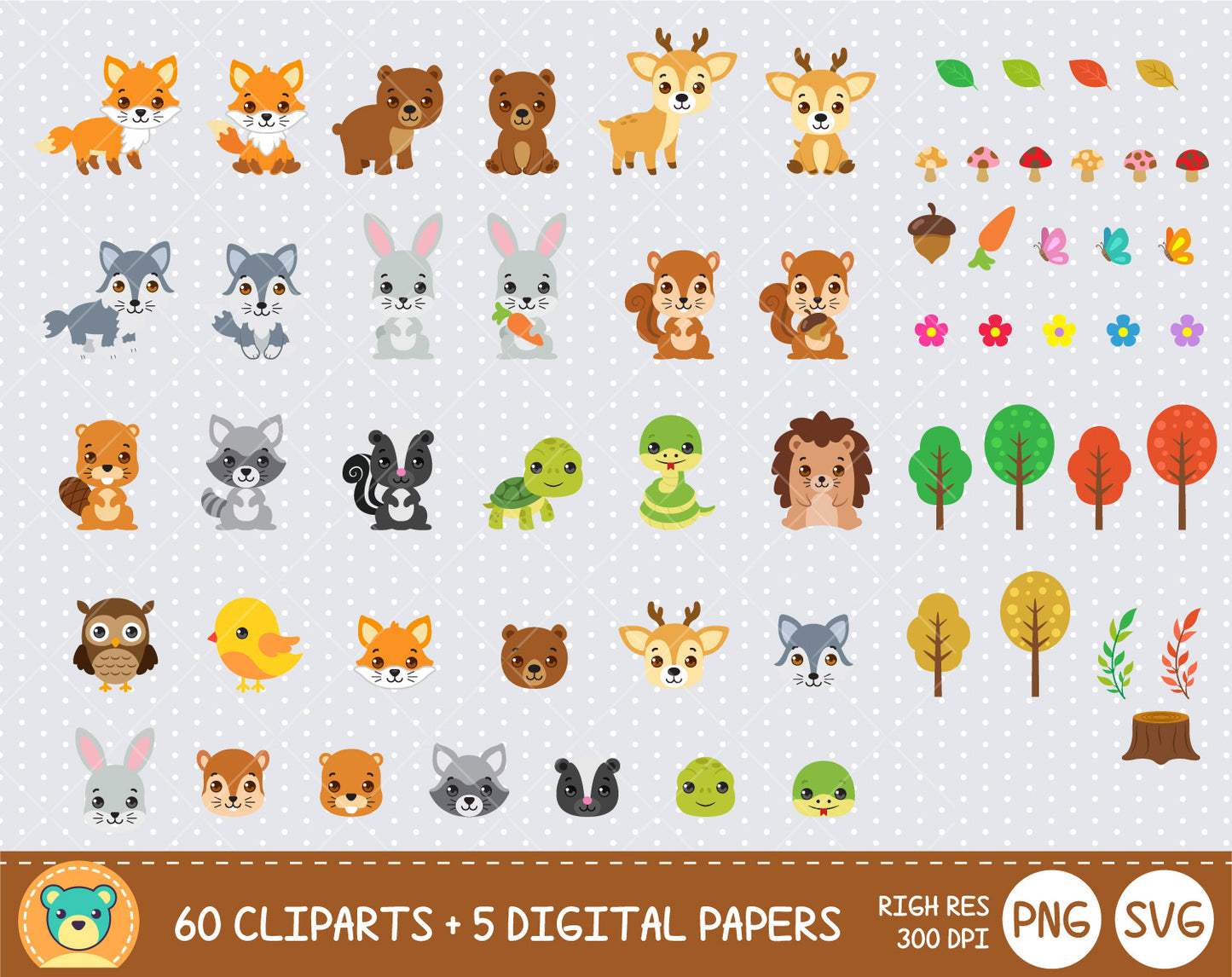 Woodland Animals clipart set, Digital clip art for decoration, scrapbooking, PNG, SVG, instant download