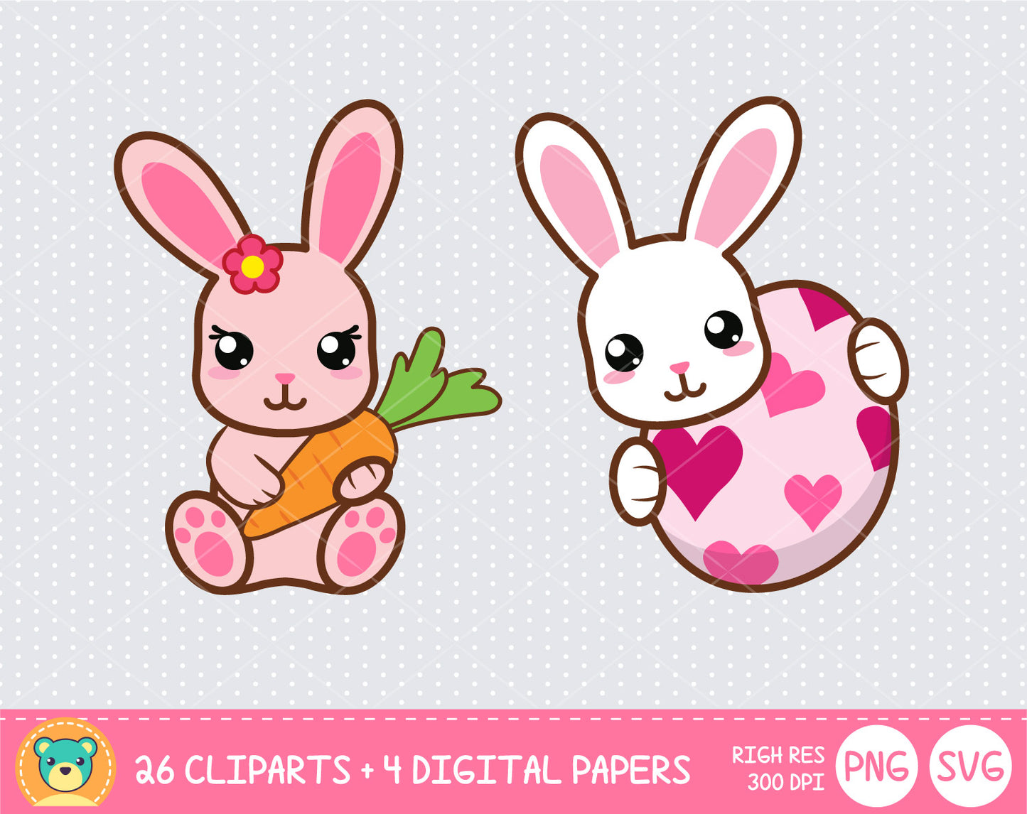 Cute Easter Bunny clipart set, Digital clip art for decoration, scrapbooking, PNG, SVG, instant download
