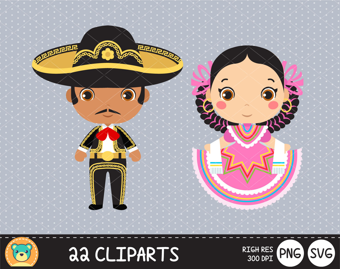 Cute Mexicans clipart set, Digital clip art for decoration, scrapbooking, PNG, SVG, instant download