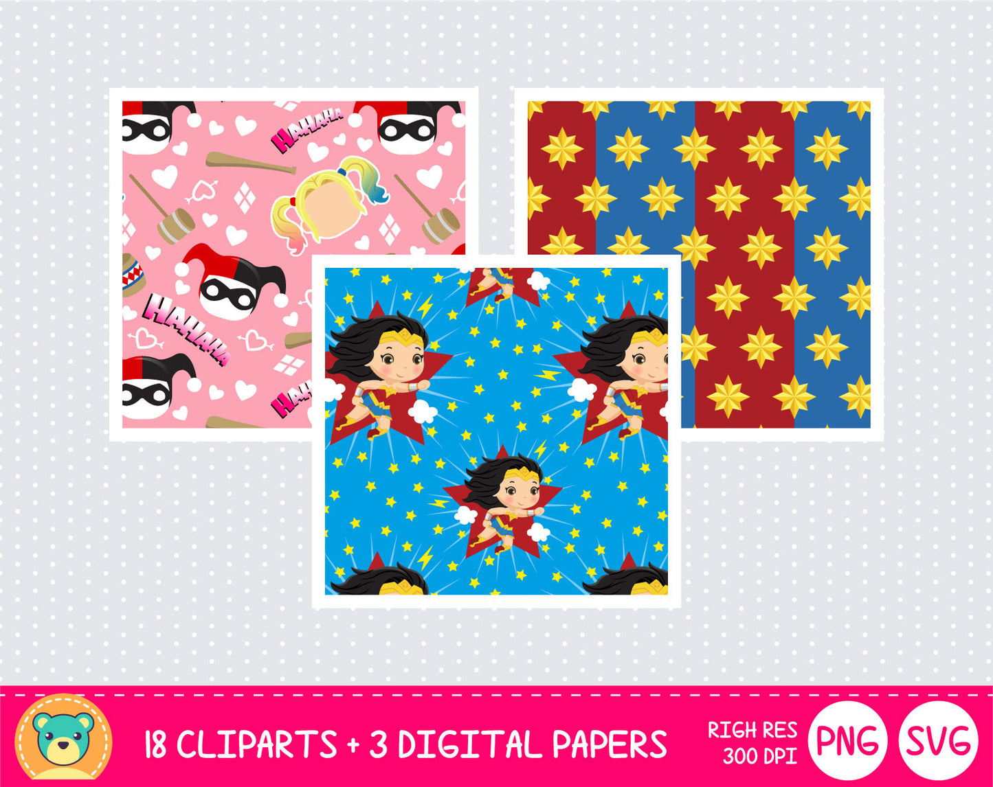 Cute Super Girls clipart set, Superheroines clip art for decoration, scrapbooking, PNG, SVG, instant download