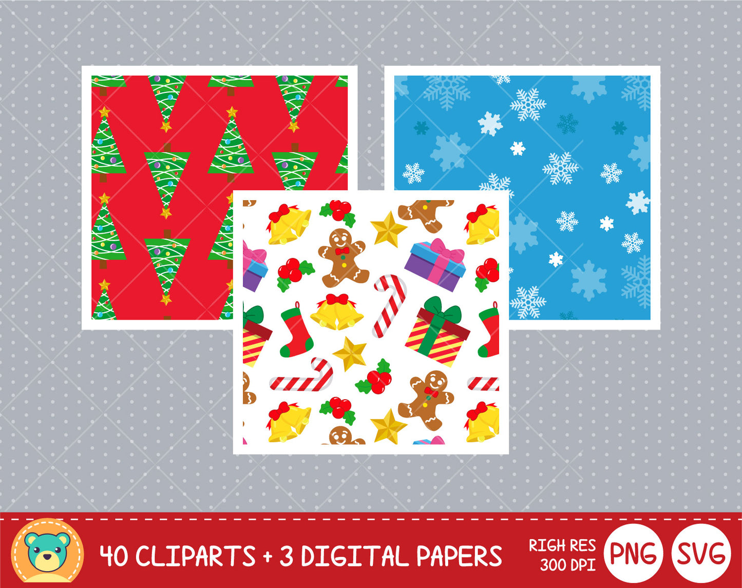 Cute Christmas clipart set, Digital clip art for decoration, scrapbooking, PNG, SVG, instant download