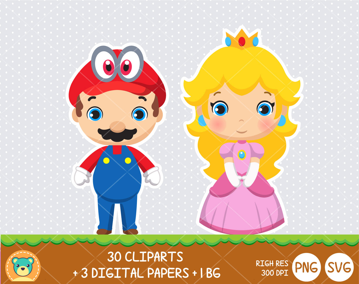 Cute Mario clipart set, Digital clip art for decoration, scrapbooking, PNG, SVG, instant download