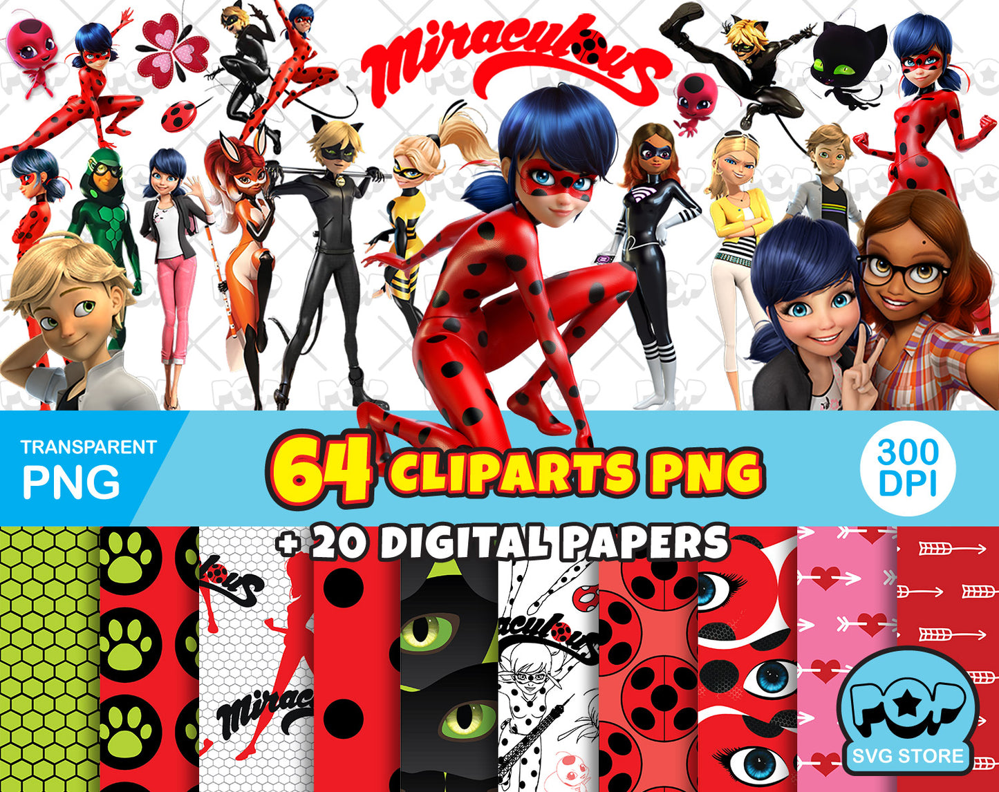 Miraculous cliparts + digital papers, transparent PNG, designs for decoration / sublimation, instant download