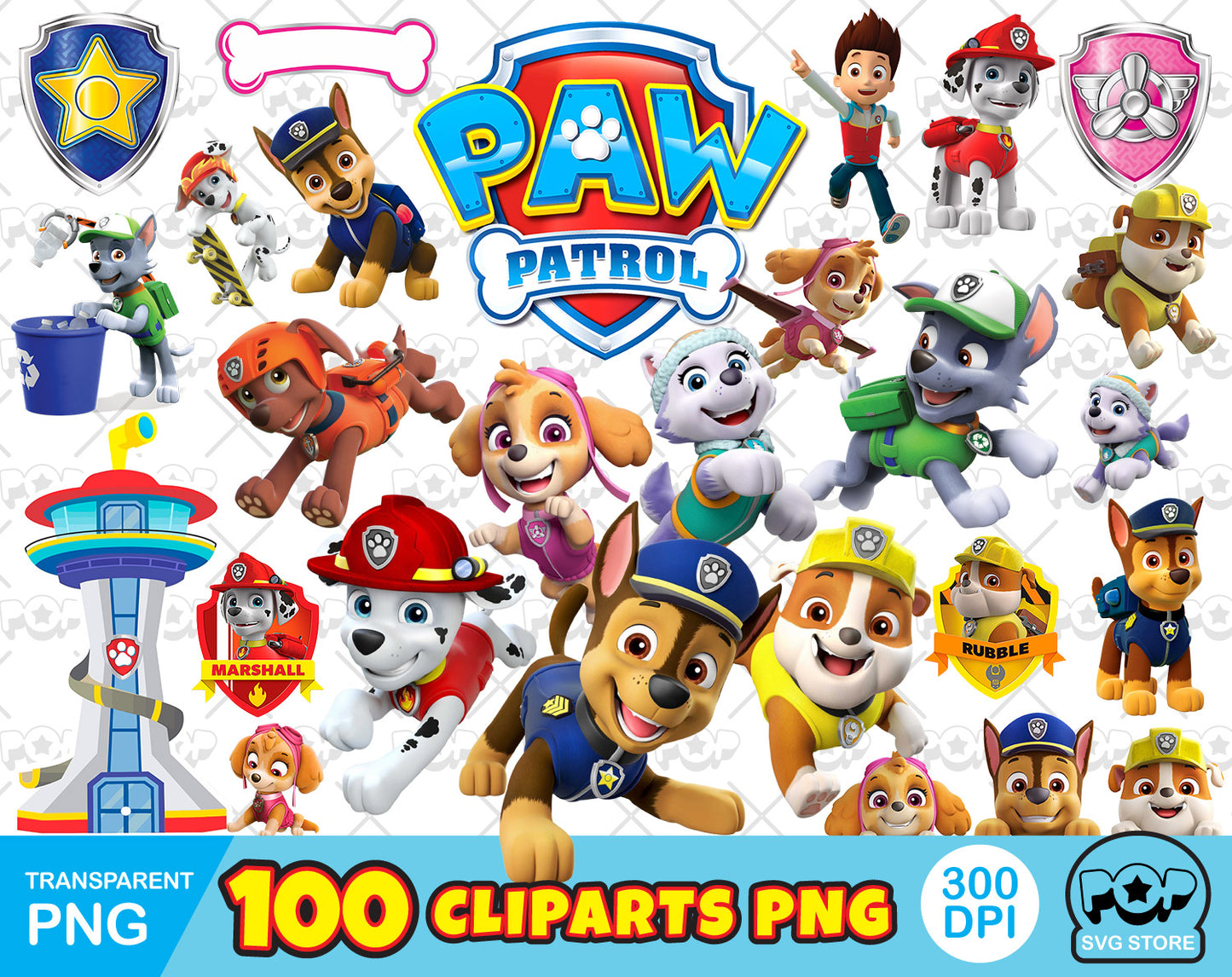 Paw Patrol 100 cliparts bundle, transparent PNG, designs for decoration / sublimation, instant download