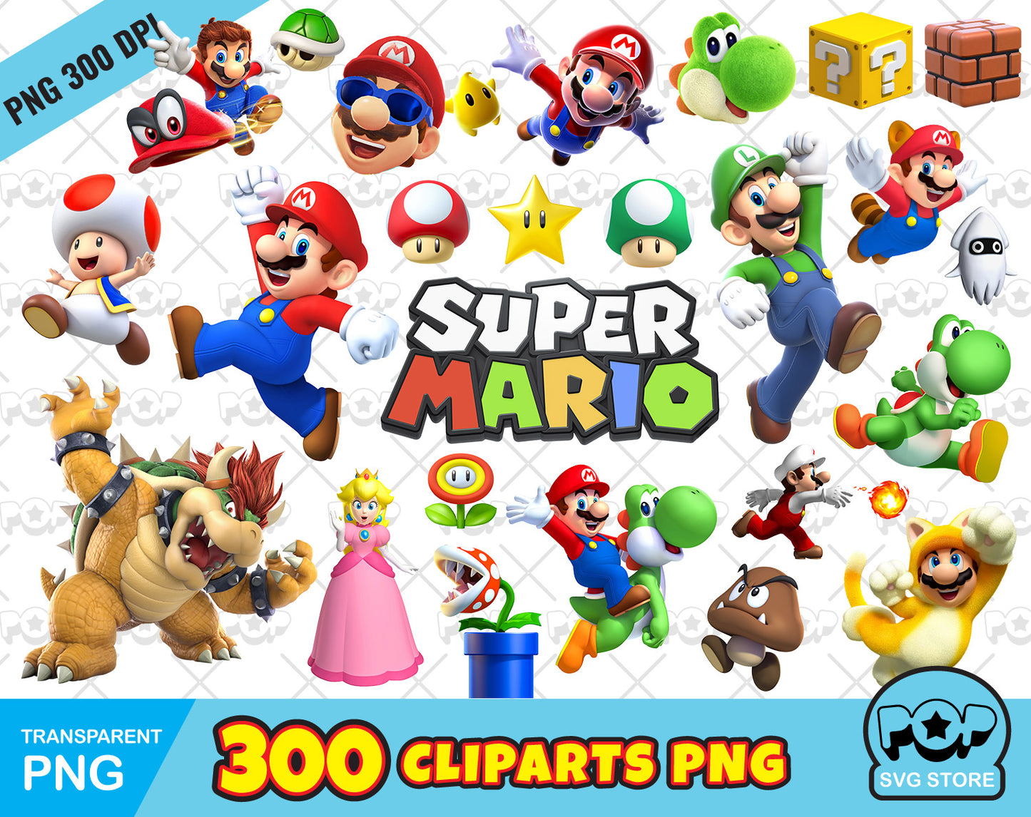 Super Mario 300 cliparts bundle, transparent PNG, designs for decoration / sublimation, instant download